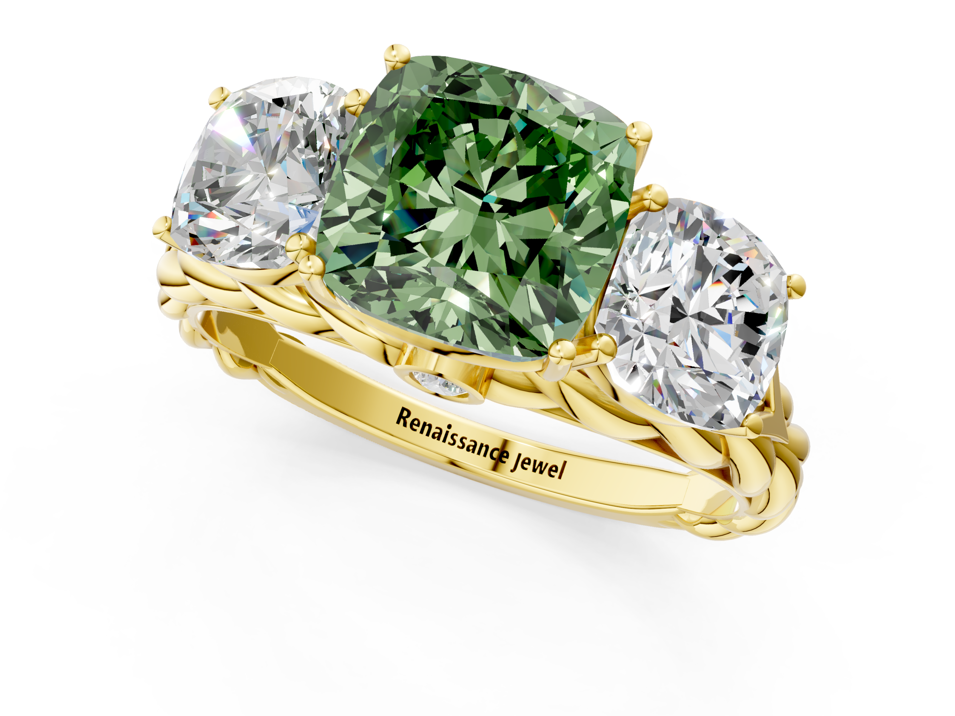 Yellow gold Fancy Green Cushion  Cut Three-Stone Braided Band Ring with Four-Prong Setting_21