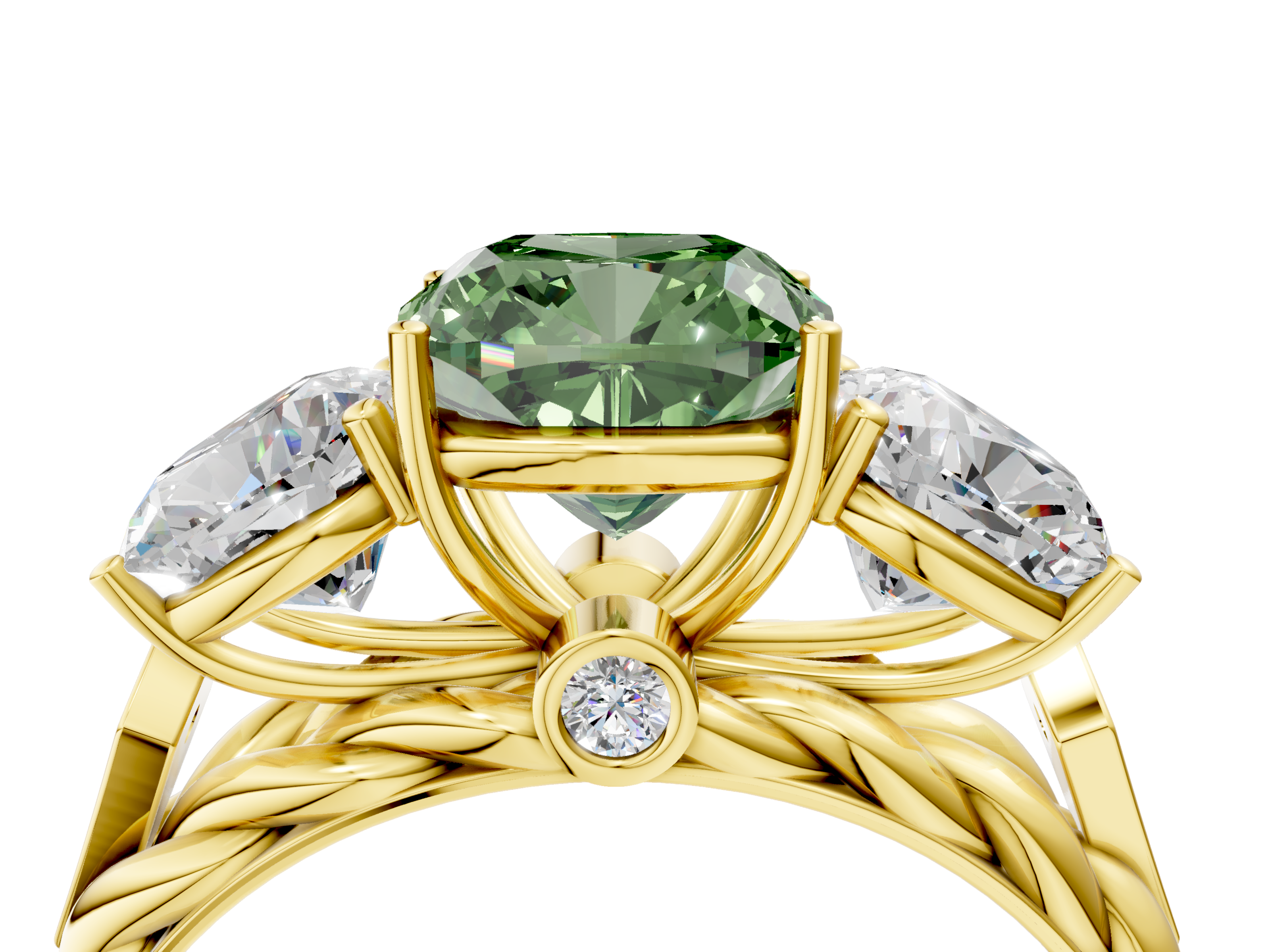 Yellow gold Fancy Green Cushion  Cut Three-Stone Braided Band Ring with Four-Prong Setting_24