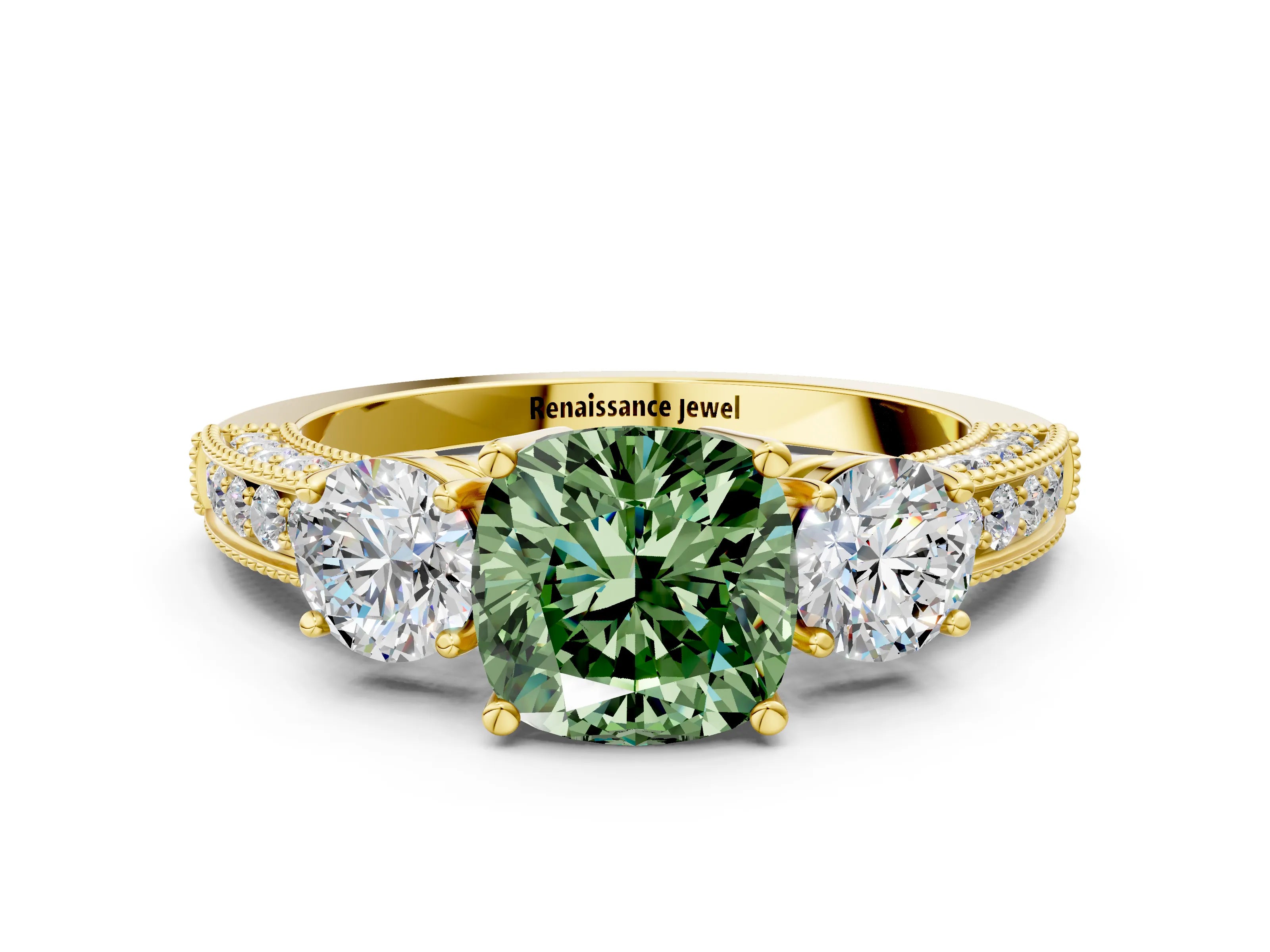 Yellow gold Fancy Green Cushion Cut Three-Stone Diamond Ring with Pavé Band and Four-Prong Setting