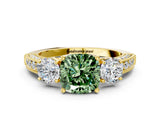 Yellow gold Fancy Green Cushion Cut Three-Stone Diamond Ring with Pavé Band and Four-Prong Setting