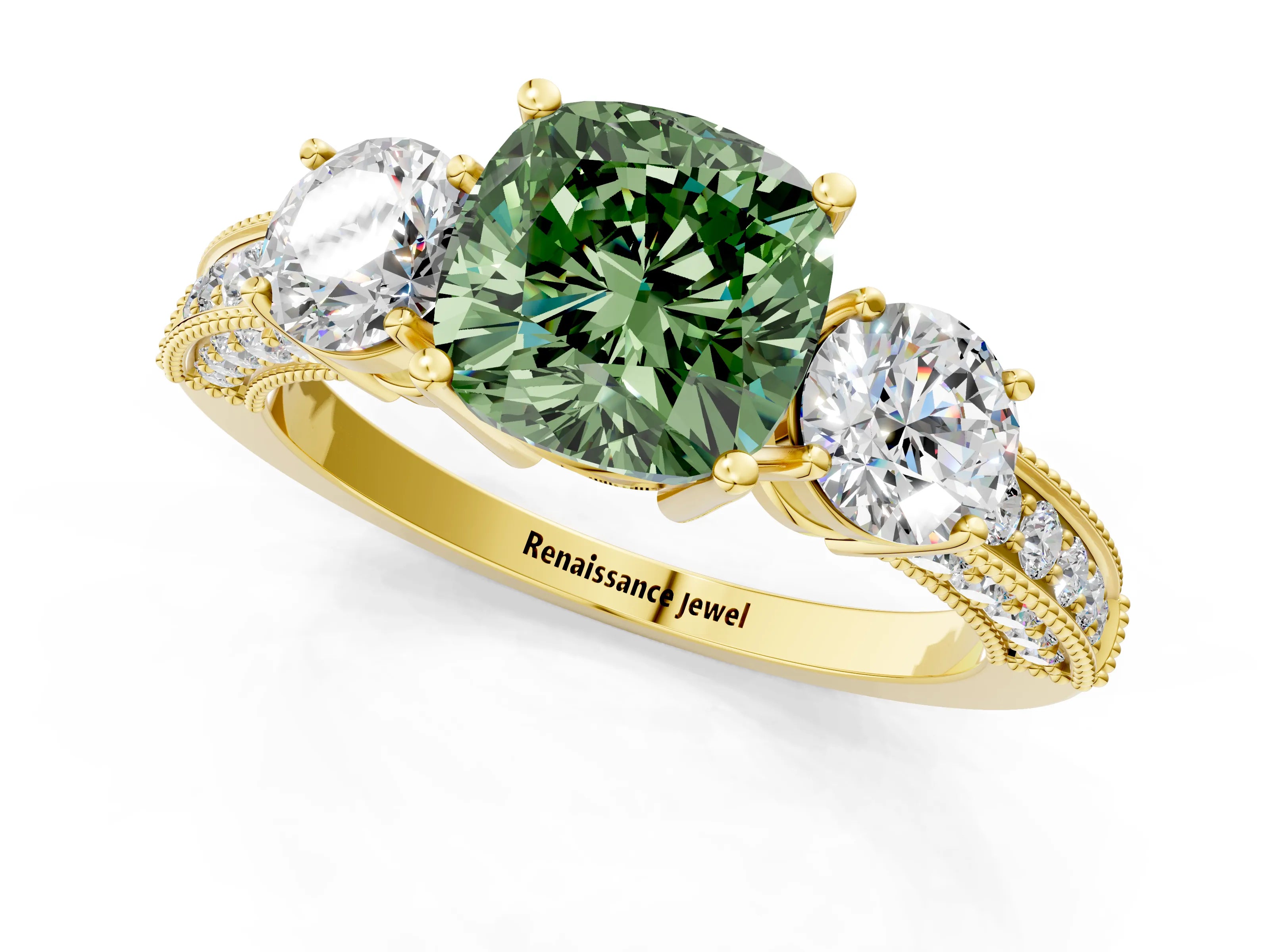 Yellow gold Fancy Green Cushion Cut Three-Stone Diamond Ring with Pavé Band and Four-Prong Setting_1