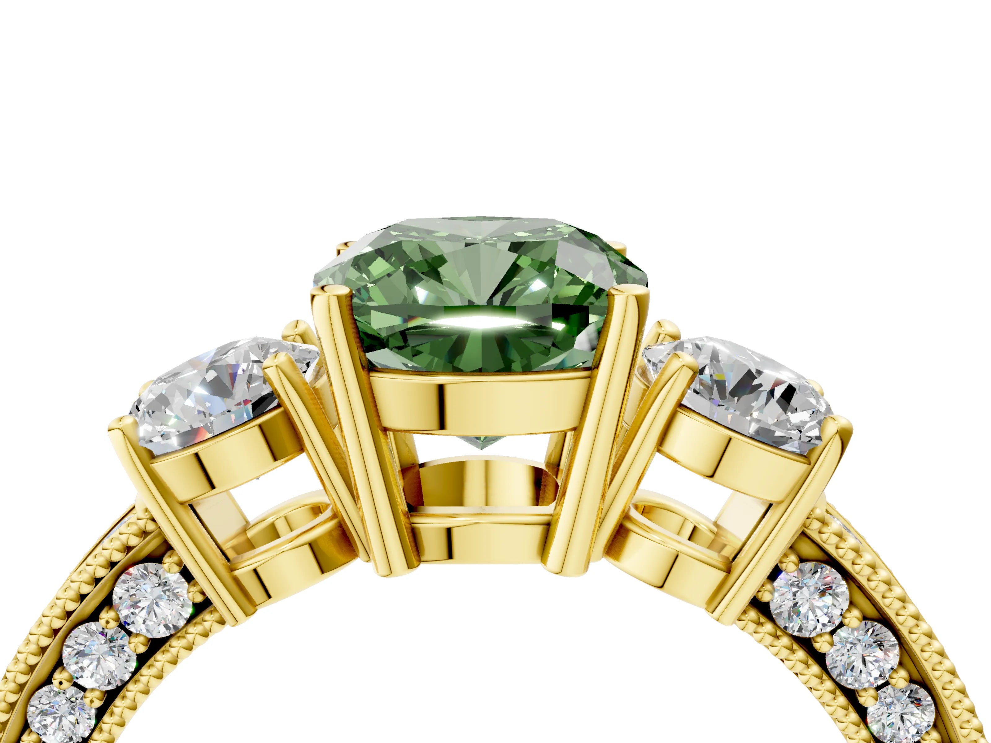 Yellow gold Fancy Green Cushion Cut Three-Stone Diamond Ring with Pavé Band and Four-Prong Setting_4