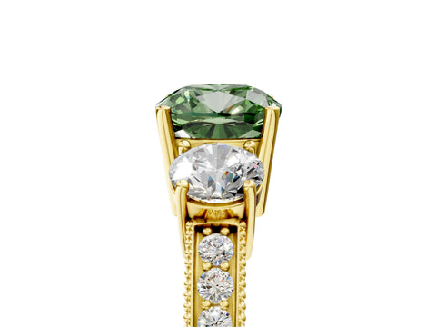 Yellow gold Fancy Green Cushion Cut Three-Stone Diamond Ring with Pavé Band and Four-Prong Setting_5