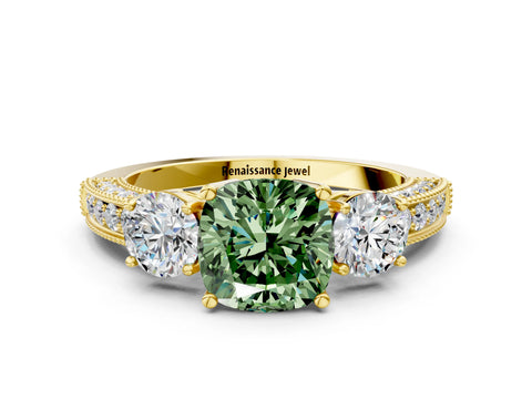 Yellow gold Fancy Green Cushion Cut Three-Stone Diamond Ring with Pavé Band and Four-Prong Setting