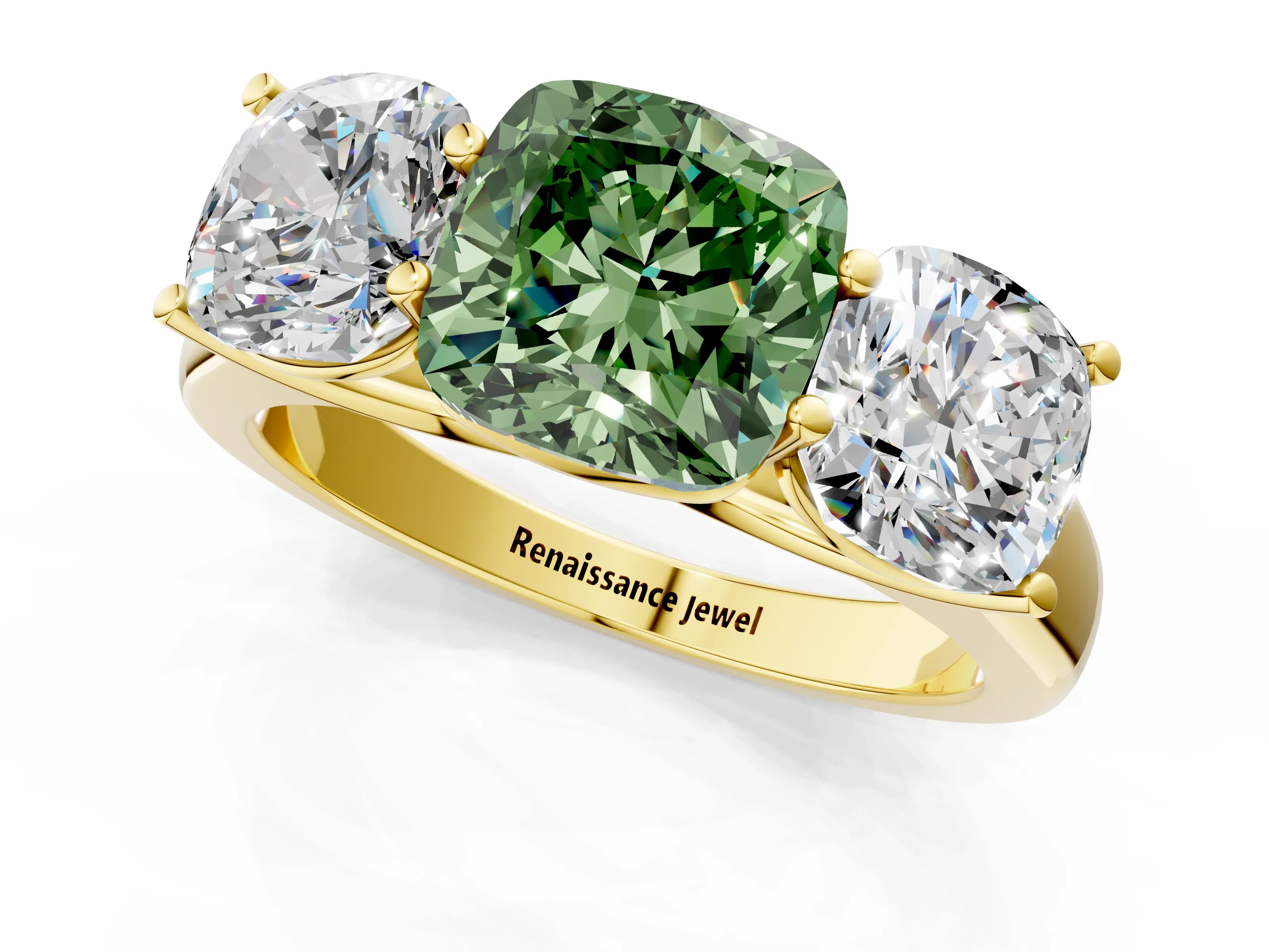 Yellow gold Fancy Green Cushion Cut Three-Stone Diamond Ring with Prong Setting on a Classic Band_1