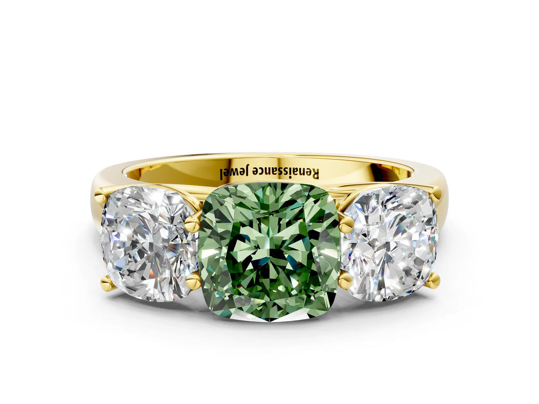 Yellow gold Fancy Green Cushion Cut Three-Stone Diamond Ring with Prong Setting on a Classic Band_12