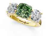 Yellow gold Fancy Green Cushion Cut Three-Stone Diamond Ring with Prong Setting on a Classic Band_13
