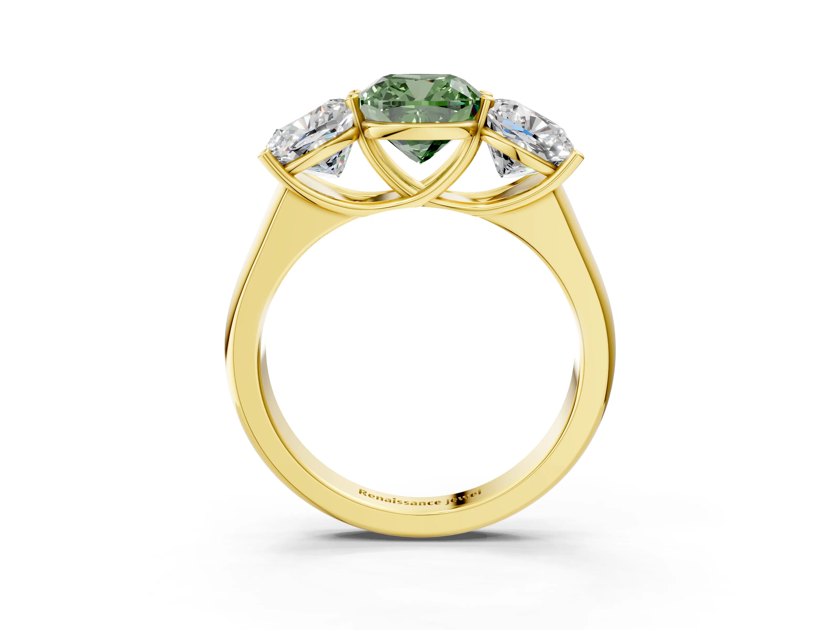 Yellow gold Fancy Green Cushion Cut Three-Stone Diamond Ring with Prong Setting on a Classic Band_3
