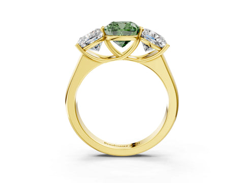 Yellow gold Fancy Green Cushion Cut Three-Stone Diamond Ring with Prong Setting on a Classic Band_3