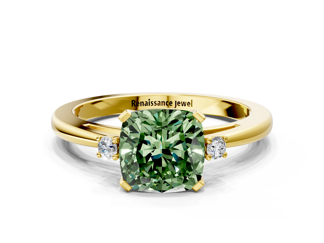Yellow gold Fancy Green Cushion  Cut Three-Stone Solitaire Ring with Round Accent Diamonds and Four-Prong Setting_20