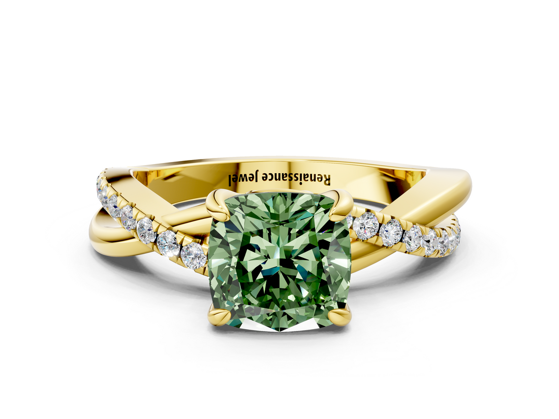 Yellow gold Fancy Green Cushion  Cut Twist Band Solitaire Diamond Ring with Pavé Setting_3
