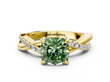 Yellow gold Fancy Green Cushion  Cut Twist Band Solitaire Diamond Ring with Pavé Setting_3