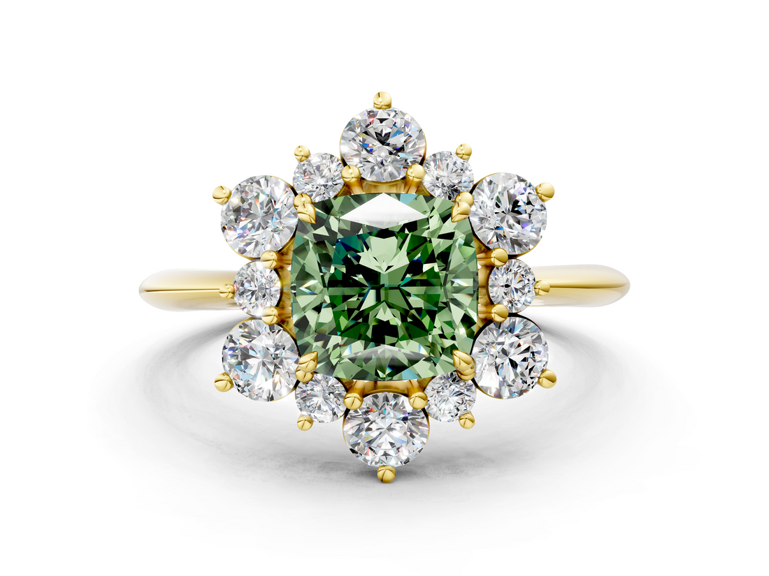 Yellow gold Fancy Green Cushion  Diamond Cluster Halo Ring with Solitaire Band and Four-Prong Setting_20