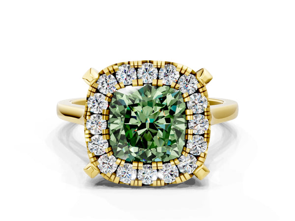 Yellow gold Fancy Green Cushion  Diamond Cluster Halo Solitaire with Four-Prong Setting
