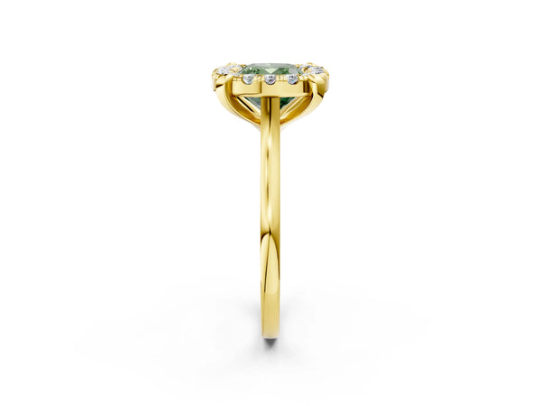Yellow gold Fancy Green Cushion  Diamond Cluster Halo Solitaire with Four-Prong Setting