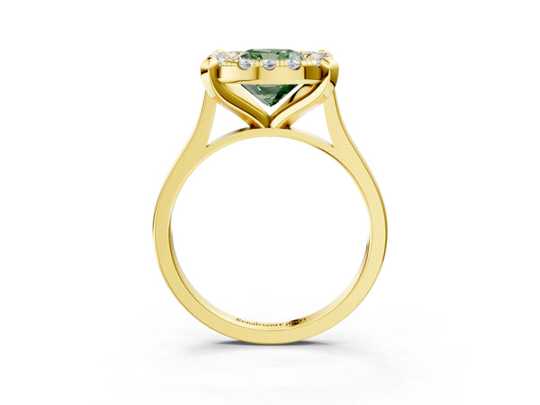 Yellow gold Fancy Green Cushion  Diamond Cluster Halo Solitaire with Four-Prong Setting