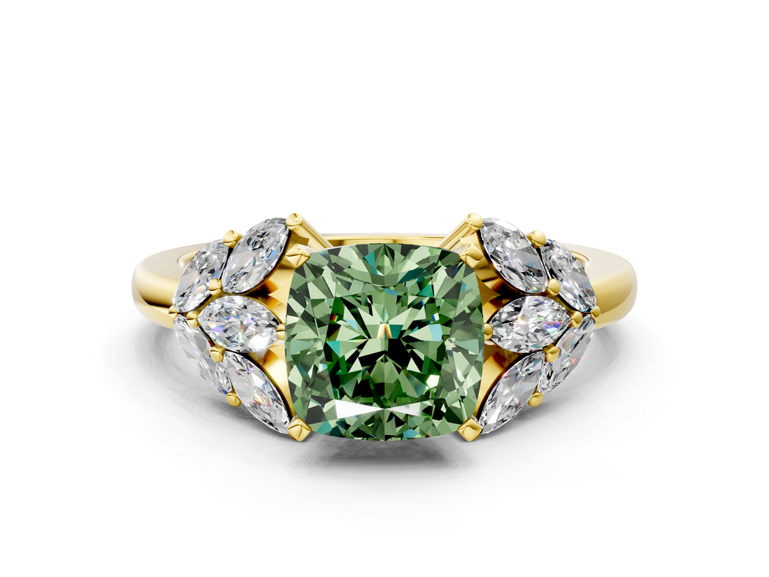 Yellow gold Fancy Green Cushion  Diamond Cluster Leaf Design Ring with Prong Setting_53