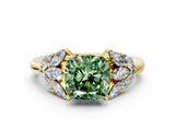 Yellow gold Fancy Green Cushion  Diamond Cluster Leaf Design Ring with Prong Setting_53