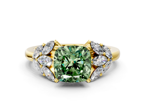 Yellow gold Fancy Green Cushion  Diamond Cluster Leaf Design Ring with Prong Setting
