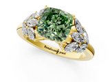 Yellow gold Fancy Green Cushion  Diamond Cluster Leaf Design Ring with Prong Setting_54
