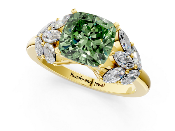 Yellow gold Fancy Green Cushion  Diamond Cluster Leaf Design Ring with Prong Setting