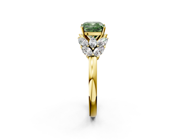 Yellow gold Fancy Green Cushion  Diamond Cluster Leaf Design Ring with Prong Setting