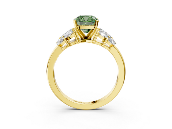 Yellow gold Fancy Green Cushion  Diamond Cluster Leaf Design Ring with Prong Setting