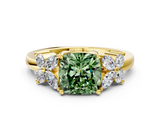 Yellow gold Fancy Green Cushion  Diamond Floral Cluster Ring with Solitaire Band and Prong Setting_48