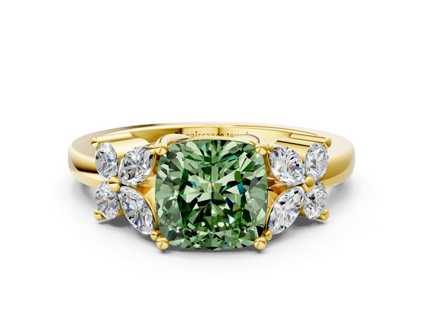 Yellow gold Fancy Green Cushion  Diamond Floral Cluster Ring with Solitaire Band and Prong Setting