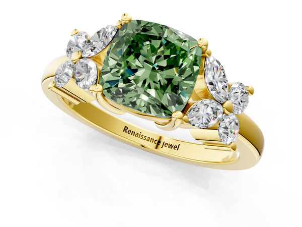 Yellow gold Fancy Green Cushion  Diamond Floral Cluster Ring with Solitaire Band and Prong Setting