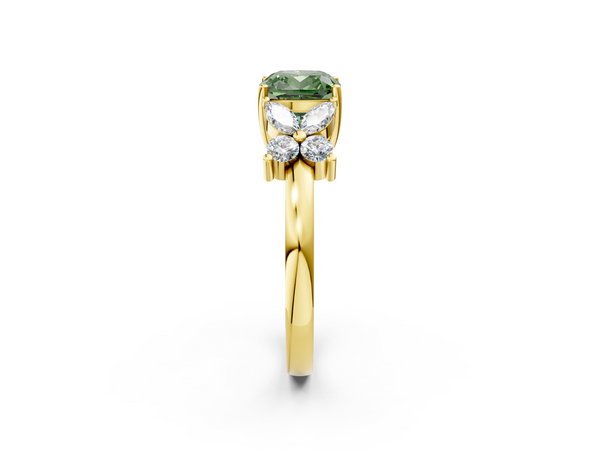 Yellow gold Fancy Green Cushion  Diamond Floral Cluster Ring with Solitaire Band and Prong Setting