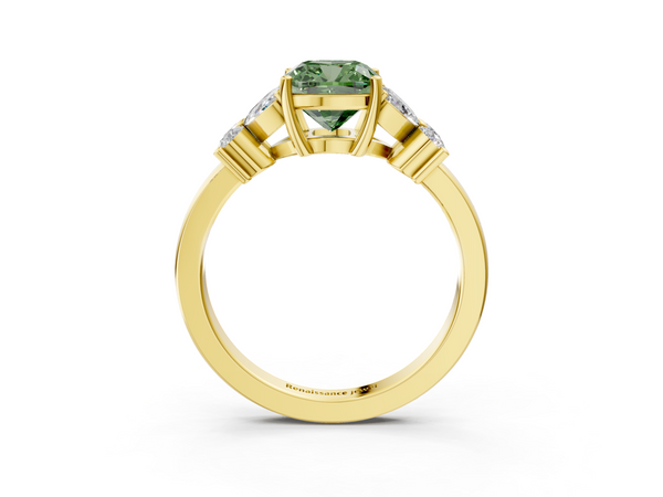 Yellow gold Fancy Green Cushion  Diamond Floral Cluster Ring with Solitaire Band and Prong Setting