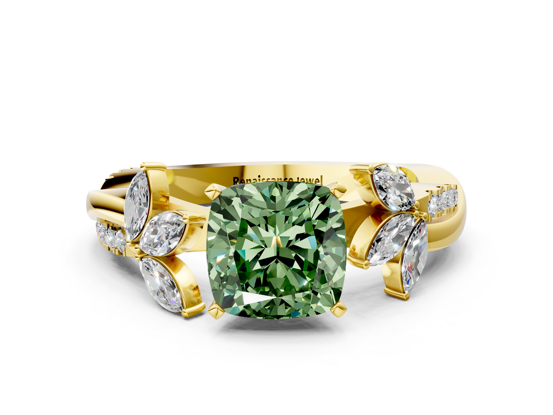 Yellow gold Fancy Green Cushion  Diamond Floral Vine Solitaire Engagement Ring_3