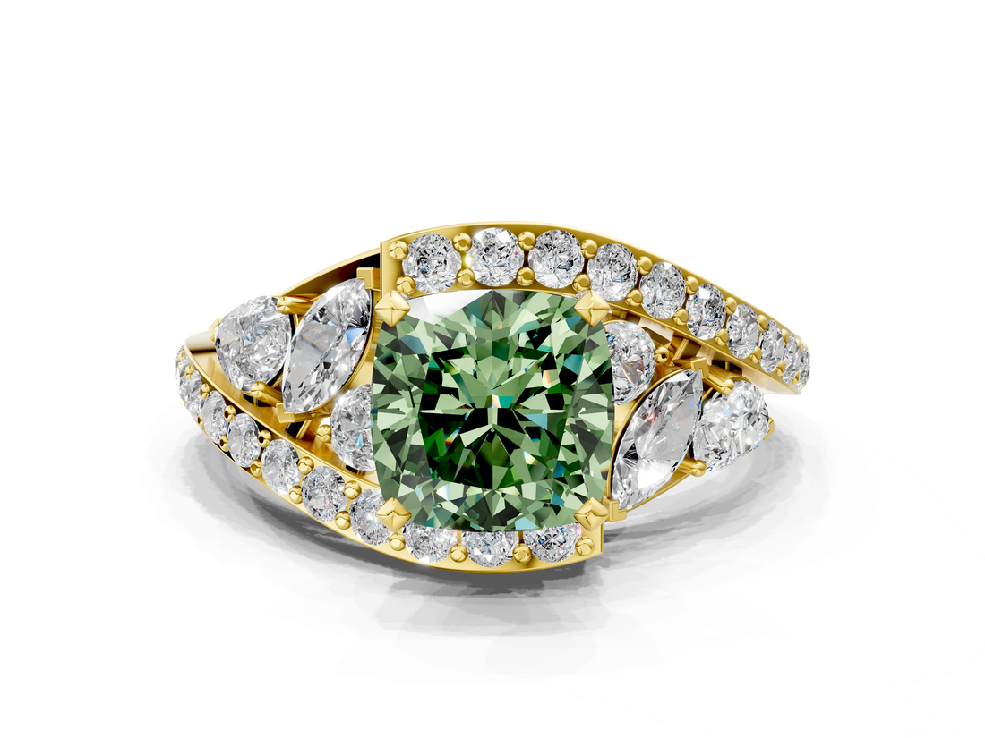 Yellow gold Fancy Green Cushion  Diamond Halo Ring with Marquise and Pavé Band in Prong Setting_51