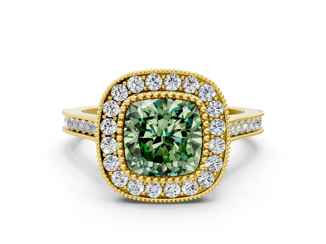 Yellow gold Fancy Green Cushion  Diamond Halo Ring with Milgrain Frame and Pavé Band_60
