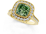 Yellow gold Fancy Green Cushion  Diamond Halo Ring with Milgrain Frame and Pavé Band_61