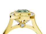 Yellow gold Fancy Green Cushion  Diamond Halo Ring with Milgrain Frame and Pavé Band_64