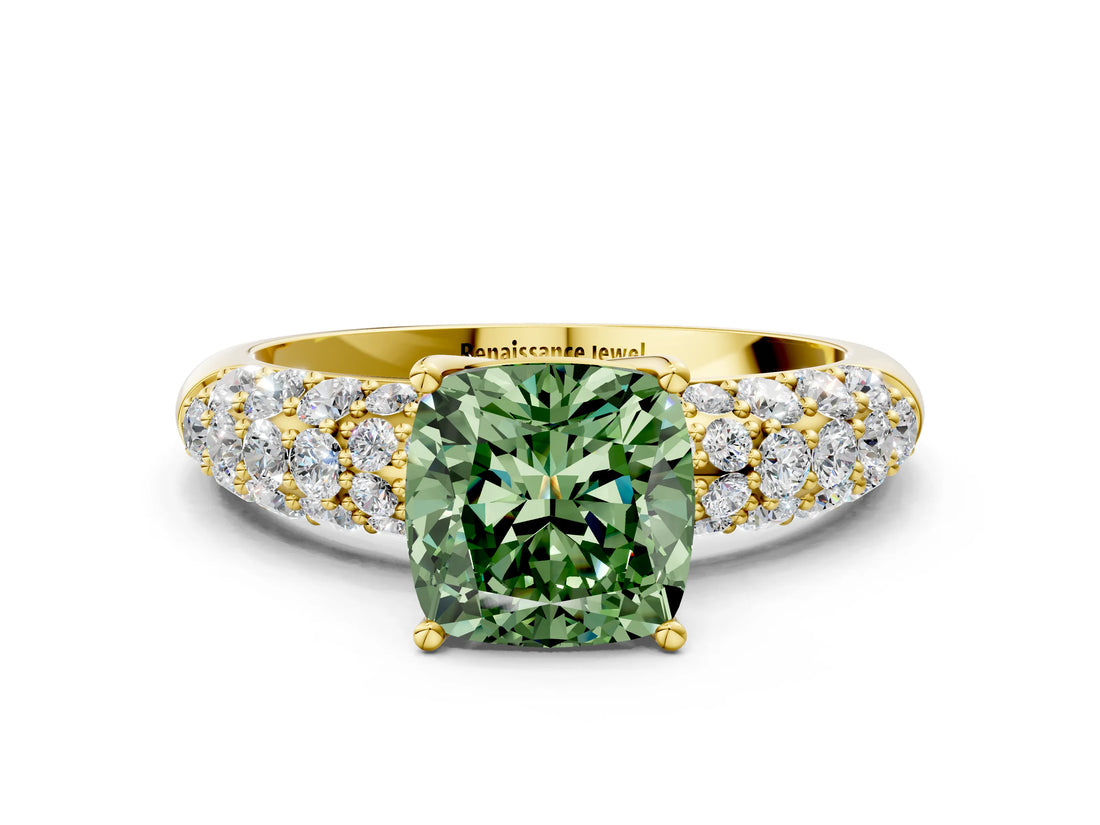 Yellow gold Fancy Green Cushion  Diamond Pavé Band Solitaire Ring with Four-Prong Setting_48
