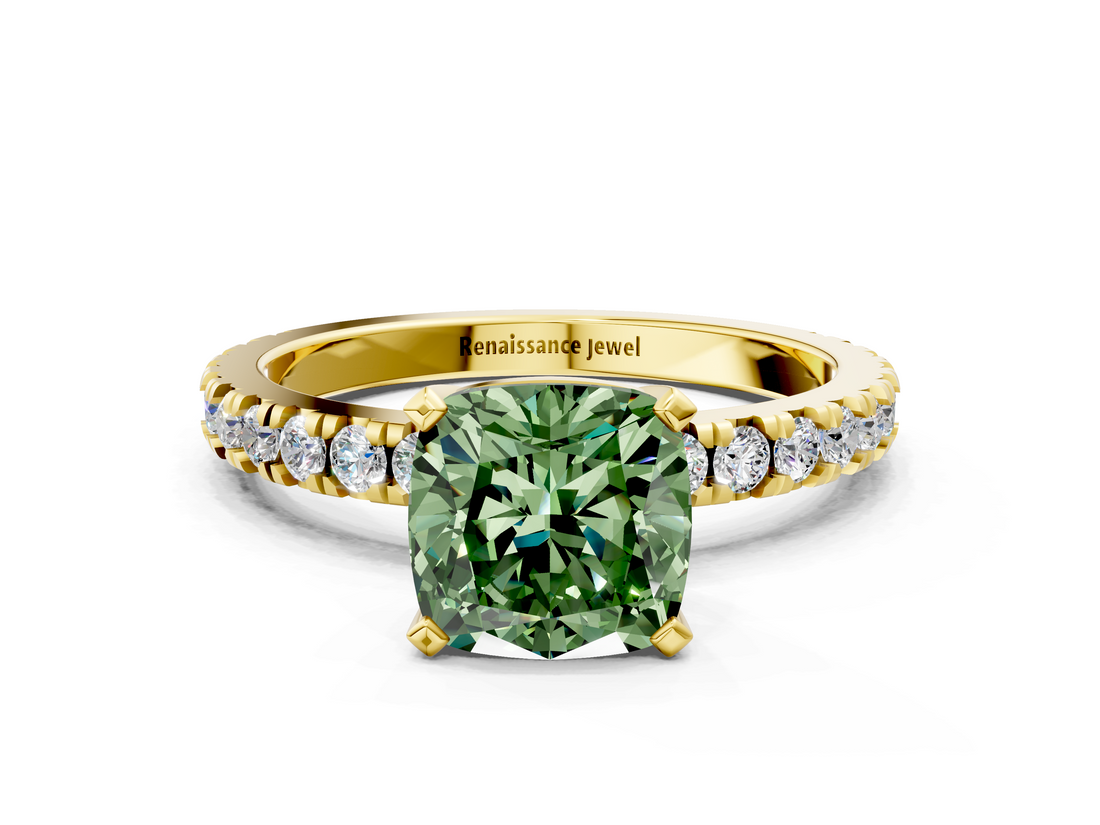 Yellow gold Fancy Green Cushion  Diamond Pavé Band Solitaire with Four-Prong Setting_200