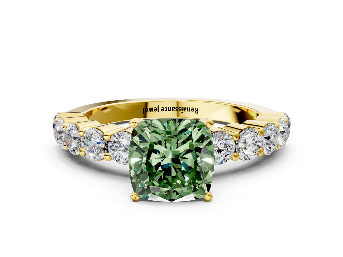 Yellow gold Fancy Green Cushion  Diamond Pavé Band Solitaire with Four-Prong Setting_3