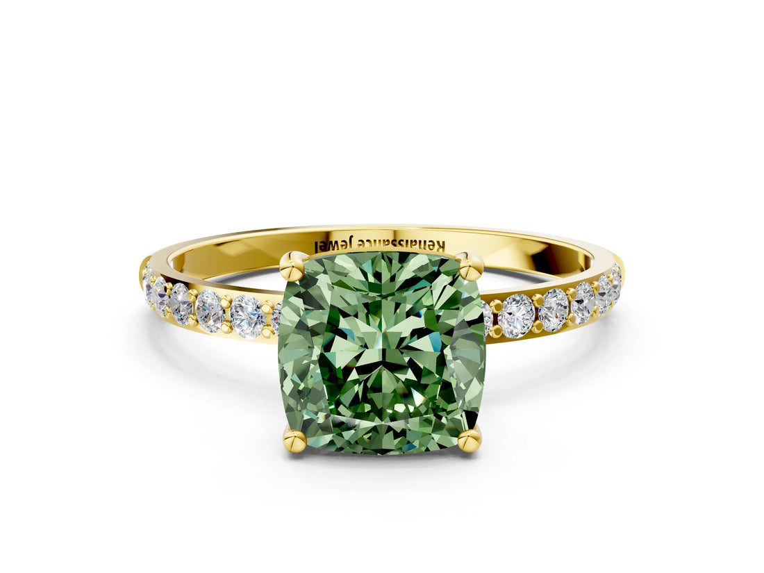 Yellow gold Fancy Green Cushion  Diamond Pavé Band with Six-Prong Setting_31