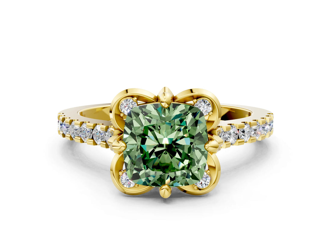 Yellow gold Fancy Green Cushion  Diamond Pave Band with Floral Prong Setting_27