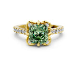Yellow gold Fancy Green Cushion  Diamond Pave Band with Floral Prong Setting_27