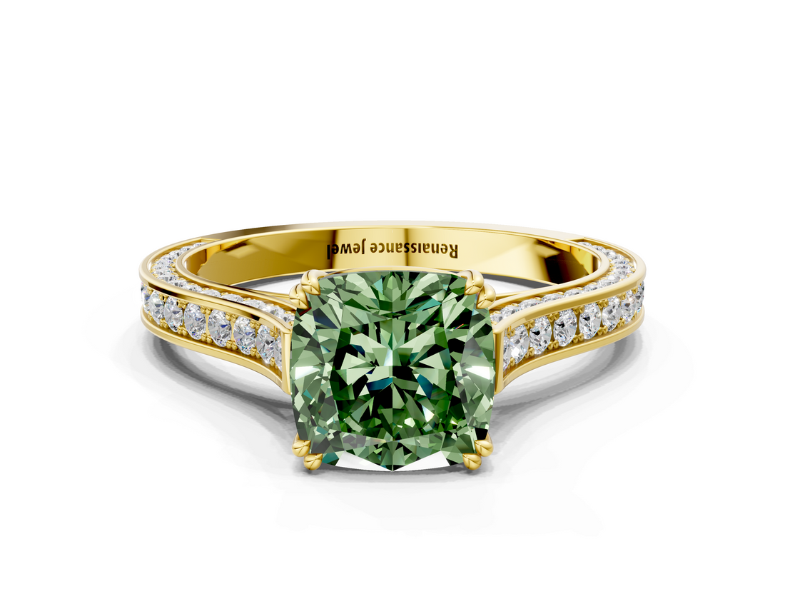 Yellow gold Fancy Green Cushion  Diamond Solitaire with Pave Band and Six-Prong Setting_20