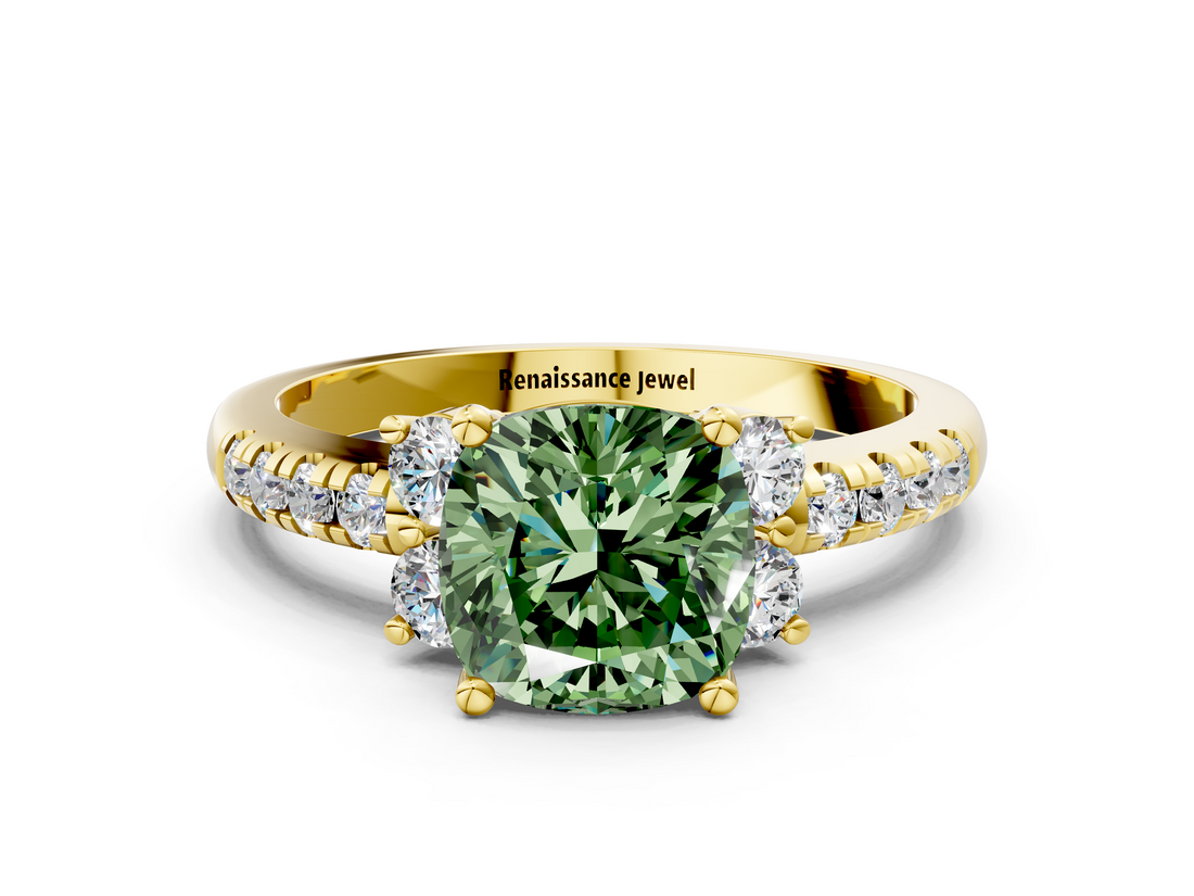 Yellow gold Fancy Green Cushion  Diamond Three-Stone Pave Band with Four-Prong Setting_20
