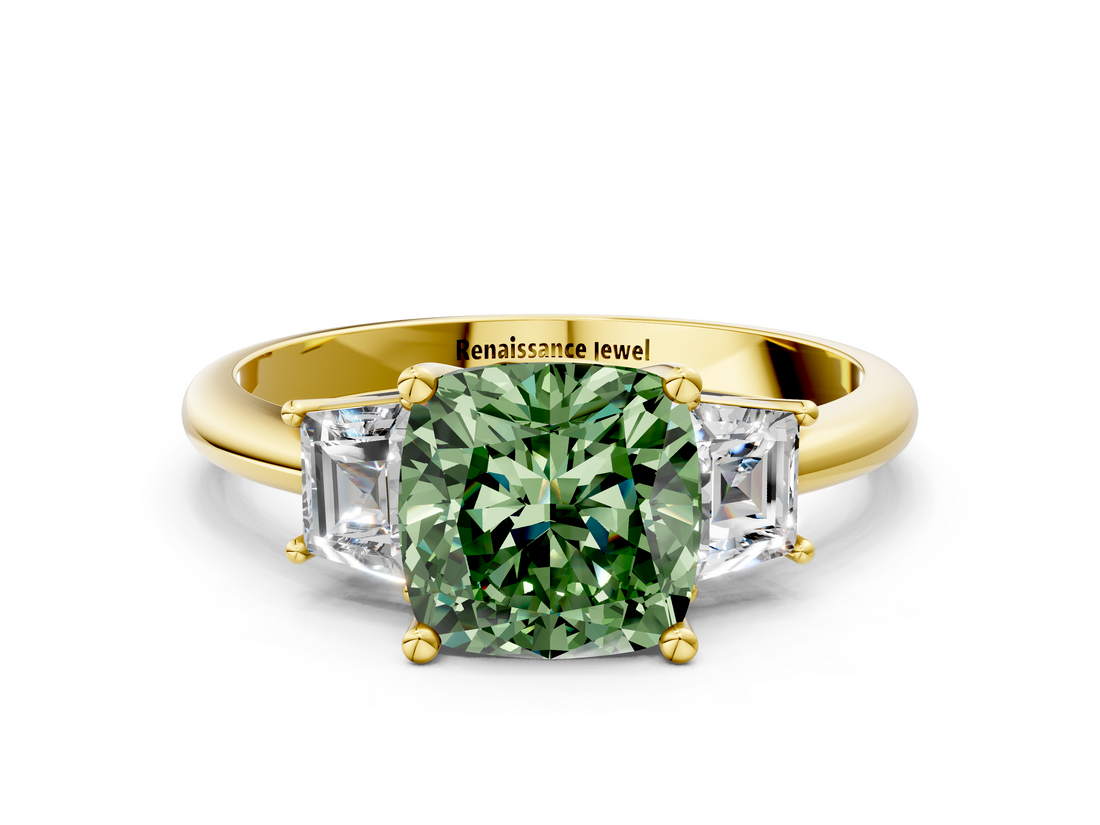 Yellow gold Fancy Green Cushion  Diamond Three-Stone Ring with Trapezoid Side Stones and Prong Setting_34