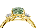 Yellow gold Fancy Green Cushion  Diamond Three-Stone Ring with Trapezoid Side Stones and Prong Setting_38