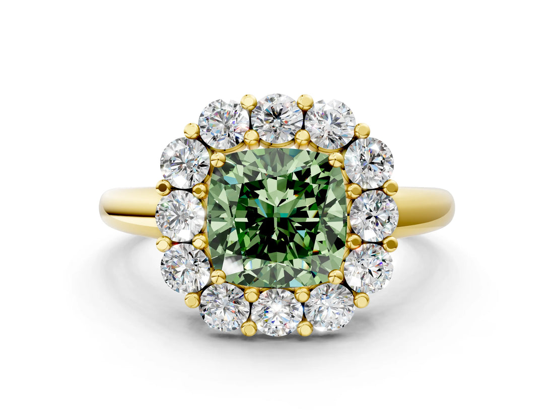 Yellow gold Fancy Green Cushion  Halo Cluster Diamond Engagement Ring with Prong Setting and Polished Band_51