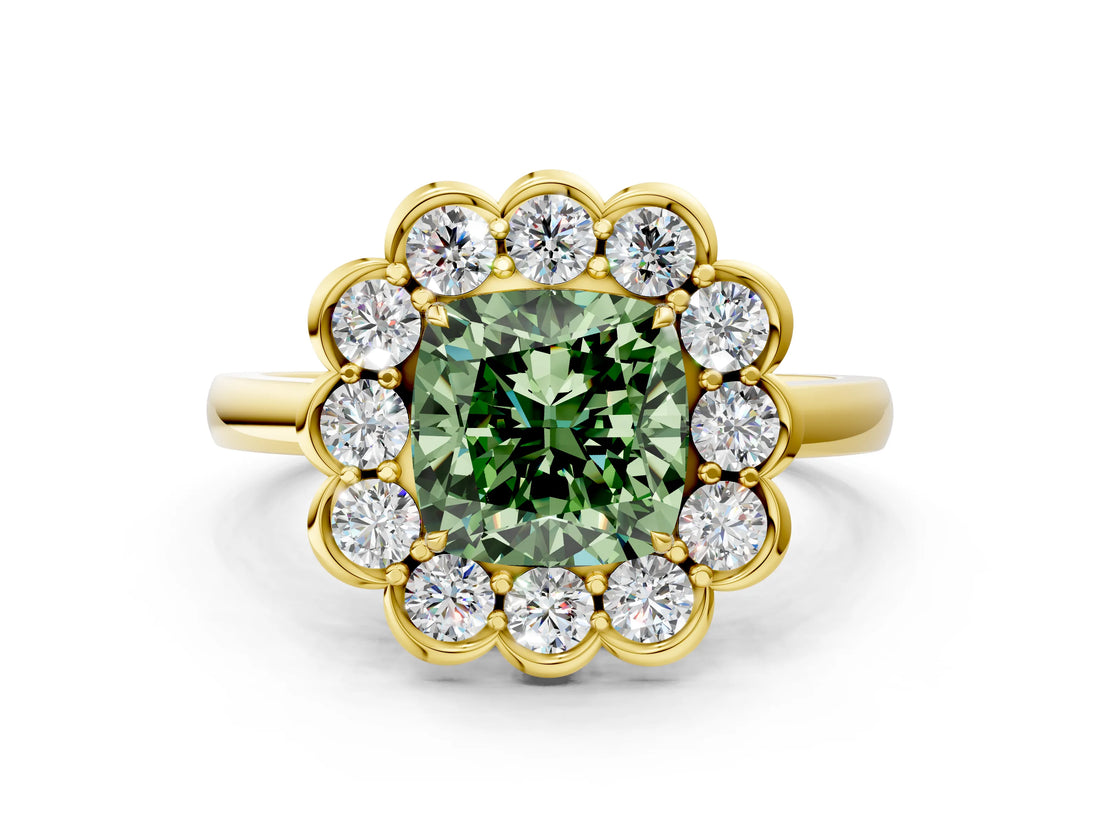 Yellow gold Fancy Green Cushion  Halo Cluster Diamond Engagement Ring with Solitaire Band and Prong Setting_49