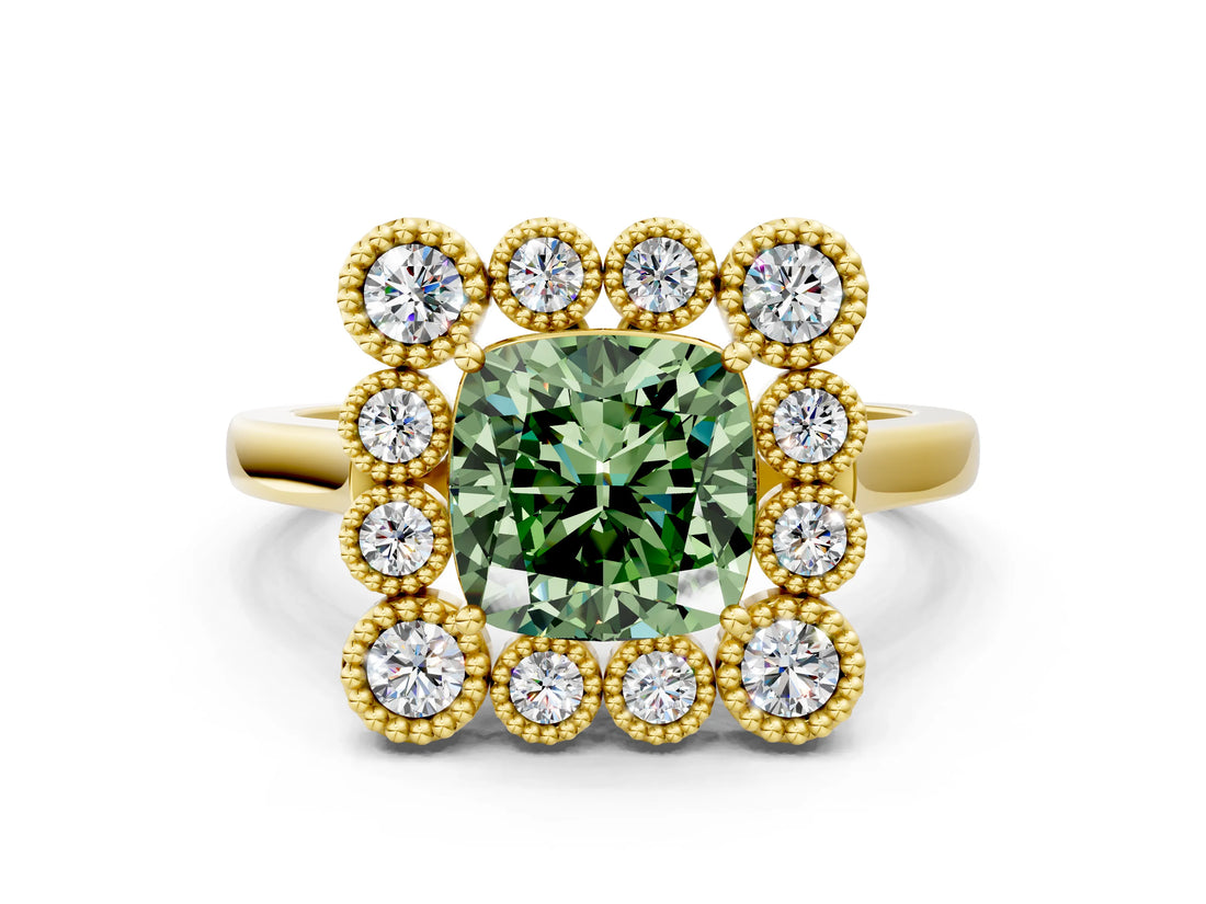 Yellow gold Fancy Green Cushion  Halo Diamond Cluster Engagement Ring with Milgrain Bezel Setting and Solitaire Band_51